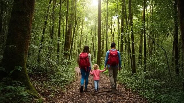 Family Adventure - Hiking Through a Lush Green Forest Together.