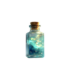 Celestial Elixir: A luminous blue potion shimmers within a vintage glass bottle, a captivating representation of magic, mystery, and wonder.