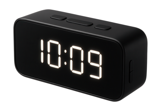 A stylish digital alarm clock with a sleek black design, ideal for contemporary bedrooms.