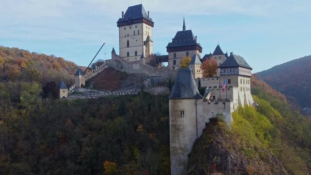 rone View of Karl&scaron;tejn Castle near Prague, Czech Republic &ndash; Iconic Gothic Architecture
