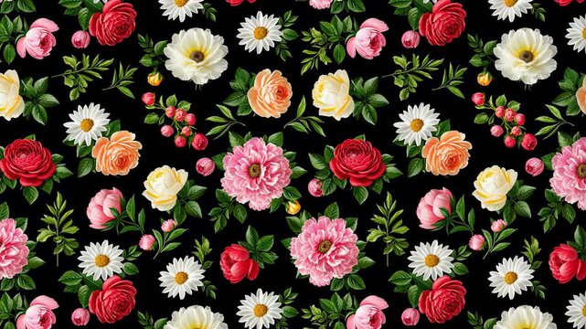 Animated floral pattern with colorful blooming flowers