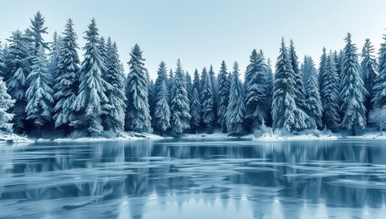 A frozen lake reflects snowcovered trees in a beautiful winter landscape