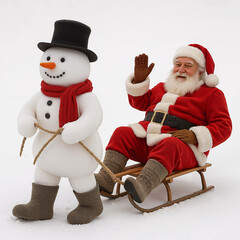Santa Claus waving while riding sled pulled by snowman in winter  