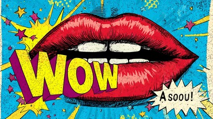 Playful pop art comic panel featuring exaggerated lips and speech bubble saying WOW in bright colors