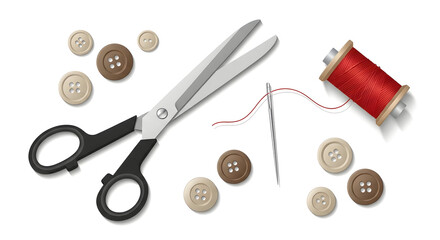 Sewing supplies with scissors needle thread and buttons