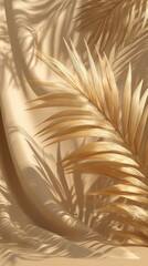 Elegant Gold Leaves Cast Shadows on a Smooth Beige Background in a Serene Indoor Setting