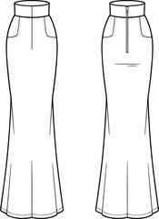 Technical sketch of long fitted skirt, front and back view, high waistband, flared hem, topstitching, zipper closure, fashion vector template