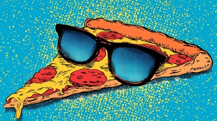 Funny cartoon pizza slice with sunglasses in vibrant pop art halftone style