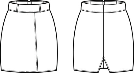 Technical sketch of straight skirt design, front and back view, high waistband, center seam, back vent, fashion vector template, garment construction