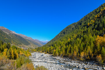 High mountain panorama in late summer, early autumn, with green and yellow larches, blue sky, in the Swiss Alps.