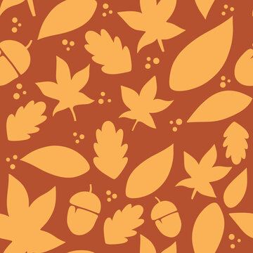 Orange and Brown Fall Leaves Pattern, Warm Autumn Foliage Seamless Background Design