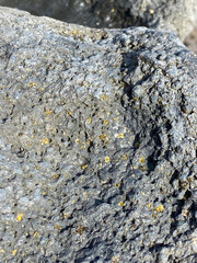 Olivine gemstones included in black lava basalt rock in Tenerife,Canary Islands,Spain.Peridot crystals. Selective focus.
