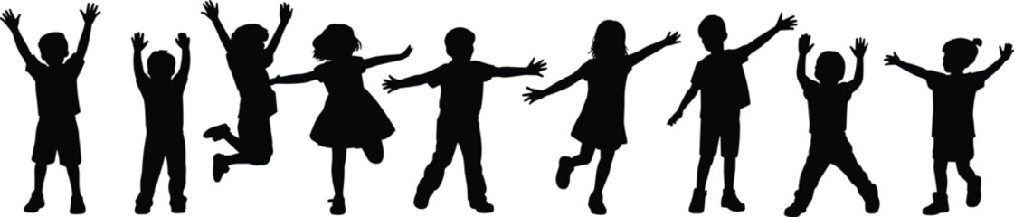Children silhouette in playful poses, jumping and dancing, boys and girls, energetic movement, black vector art, minimalist white background