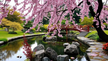 A serene japanese garden with cherry blossoms and a bridge over a pond