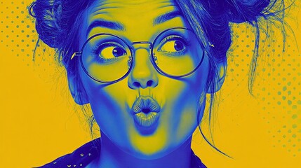Bright neon pop art portrait of woman making silly face