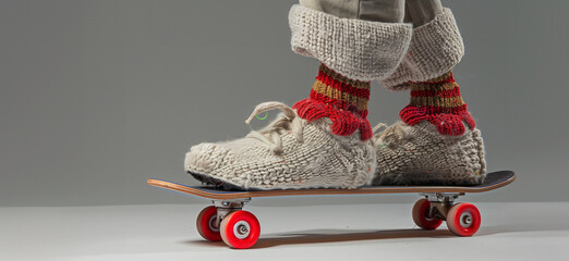 Knitted slippers with red striped socks riding skateboard in studio minimal style, surreal cozy winter fashion concept. Perfect for advertising, branding, posters, playful campaigns, and social media 