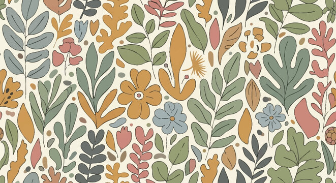 Botanical illustration with abstract flowers and leaves in a repeating seamless pattern