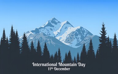 Majestic snow capped mountains rise behind a dark pine forest on international mountain day