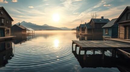 Picturesque lakeside village at dawn with wooden houses and calm water