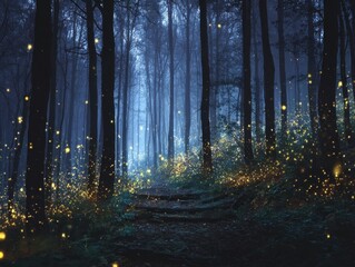 Fototapeta premium Misty Forest Pathway with Golden Firefly Lights Ethereal Woodland Ambiance Twilight Woods Scene Dreamlike Nature Trail