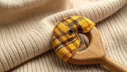 Plaid-covered wooden tool rests atop cream-colored knit. A metallic button accents the yellow fabric