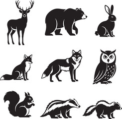 Naklejka premium Woodland animals icons set, deer, bear, rabbit, fox, wolf, squirrel, owl, badger, skunk silhouette vector.