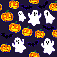 spooky Halloween Seamless Pattern with Pumpkins, Ghosts, and Bats