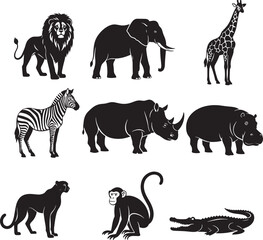 Fototapeta premium African safari animals silhouettes set, lion, elephant, giraffe, zebra, rhino, hippo, cheetah, monkey, crocodile vector.
