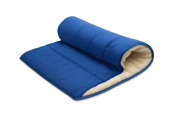 Fototapeta premium Blue sleeping bag unrolling, showing soft beige lining for outdoor camping, hiking, and travel