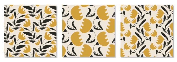 Set of trendy minimalist seamless botanical pattern with abstract creative hand drawn composition in neutral colors ideal for interior design, wallpaper, minimal background, vector illustration