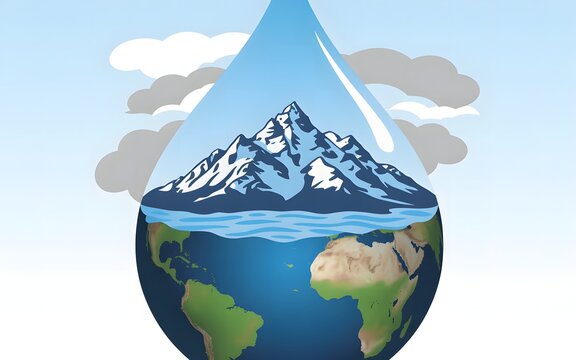 Water droplet containing earth landscape with mountains and clouds