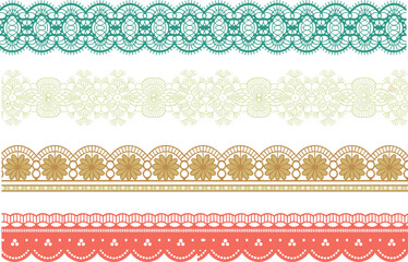Lace border design, decorative trim, flat vector, CAD drawing, seamless pattern, textile embellishment, vintage style, colorful ornament, horizontal layout
