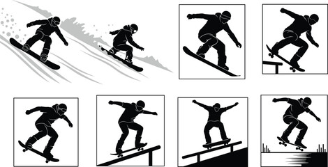 Snowboarding skateboarding illustration, action sports tricks, extreme recreation concept, freestyle jump design, urban skate park, mountain slope ride, athlete performance, flat vector