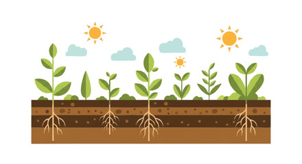 Vibrant vector illustration of green plants in various growth stages, deeply rooted in fertile soil with sun and clouds, symbolizing natural development and ecological vitality