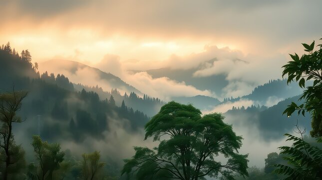 Misty mountain range with lush green trees and a cloudy sky at sunrise