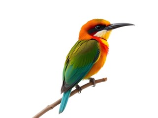 Perched on a white background, a colorful bee-eater bird with vibrant feathers.