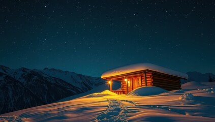 Cozy log cabin covered in snow under a starry night sky landscape