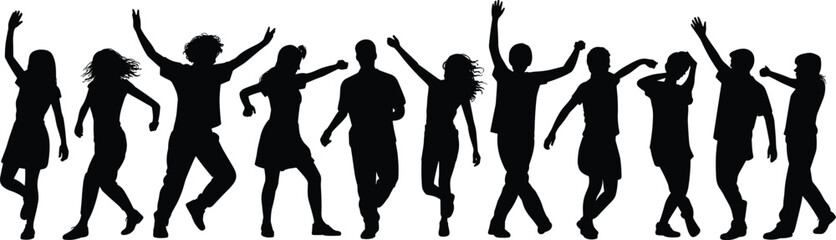 Silhouette of dancing people, energetic poses, joyful movement, celebration, freedom, expressive body language, group fun, happiness, rhythm, lively scene