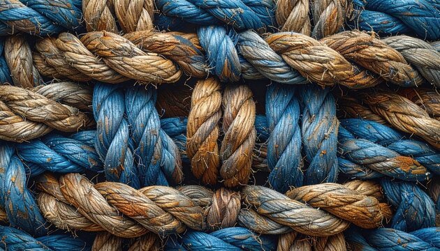 Braided rope with blue and tan fibers intertwined in a dense, textured, woven pattern. Close-up macro view