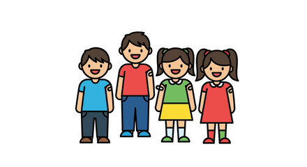 Vaccinated children lined up showing vaccination band-aid against a white background highlighting healthcare and medical concept.