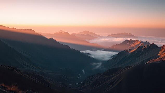 Sun rays over mountain range with clouds filling the valley at sunset