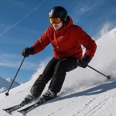 Male skier carving through fresh snow on a sunny winter day  
