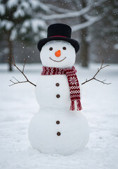 Obraz premium Cheerful snowman in snowy winter park. Festive holiday scene for winter, Christmas, or seasonal design.