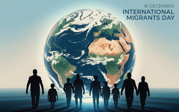 International migrants day people silhouette walking towards a glowing earth globe