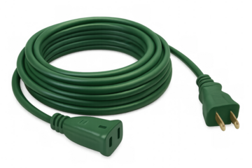 Green extension cord coiled for electrical power connection, featuring male plug and female socket, transparent background