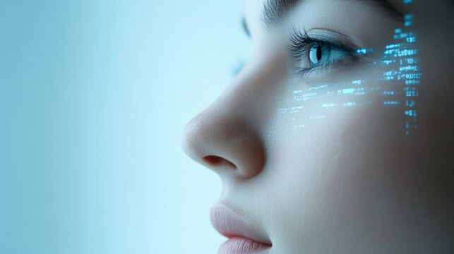 A close-up profile of a woman's face with digital patterns illuminating her skin, conveying themes of technology and innovation, Ideal for projects related to AI, future tech, or digital identity,