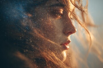 A portrait of a woman, her face adorned with sparkling stars, symbolizing dreams and aspirations, bathed in warm golden light, creating a ethereal and magical atmosphere.