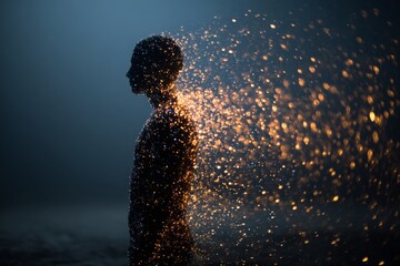 A conceptual representation of human transformation, showing a figure dissolving into golden particles, representing change, evolution, and the intangible nature of existence.