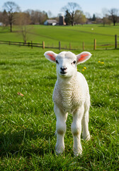 Obraz premium A young lamb standing in a lush green meadow, a symbol of spring and new life. Perfect for projects on nature, farming, or innocence.