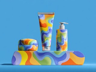 Psychedelic Oasis: Vibrant Cosmetic Packaging Display with Fluid Designs and Harmonious Composition on a Clean Blue Backdrop Creative Studio Shot